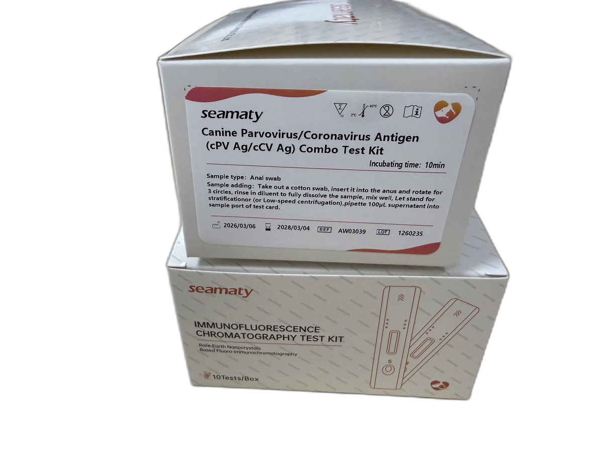 VM2 CPV/CCV Ag Test (Canine Parvovirus/Coronavirus Bivalent Antigen) test kit box, Seamaty immunofluorescence, ClinixLynx