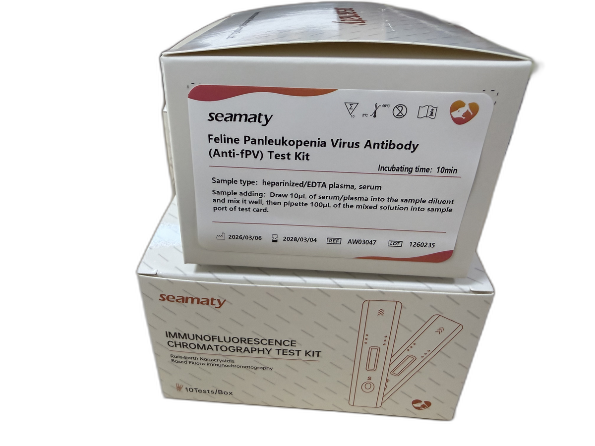 VM2 Anti-FPV Ab Test (Feline Panleukopenia Virus Antibody) test kit box, Seamaty immunofluorescence, ClinixLynx