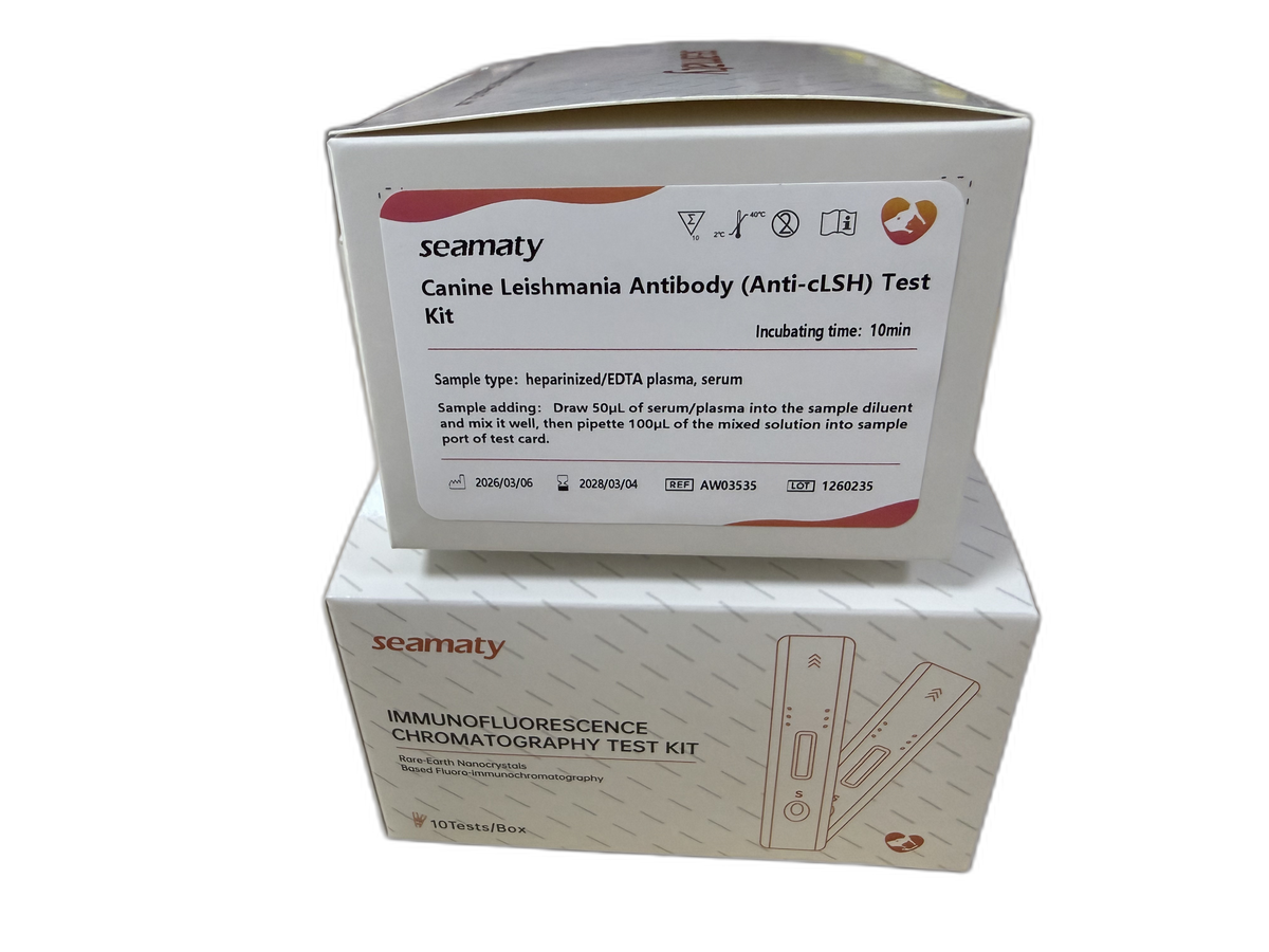 VM2 Anti-cLSH Test (Canine Leishmania Antibody) test kit box, Seamaty immunofluorescence, ClinixLynx