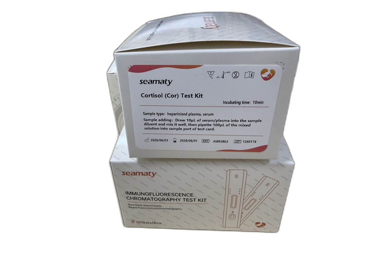 VM2 Cortisol Test (Cor) test kit box, Seamaty immunofluorescence, ClinixLynx