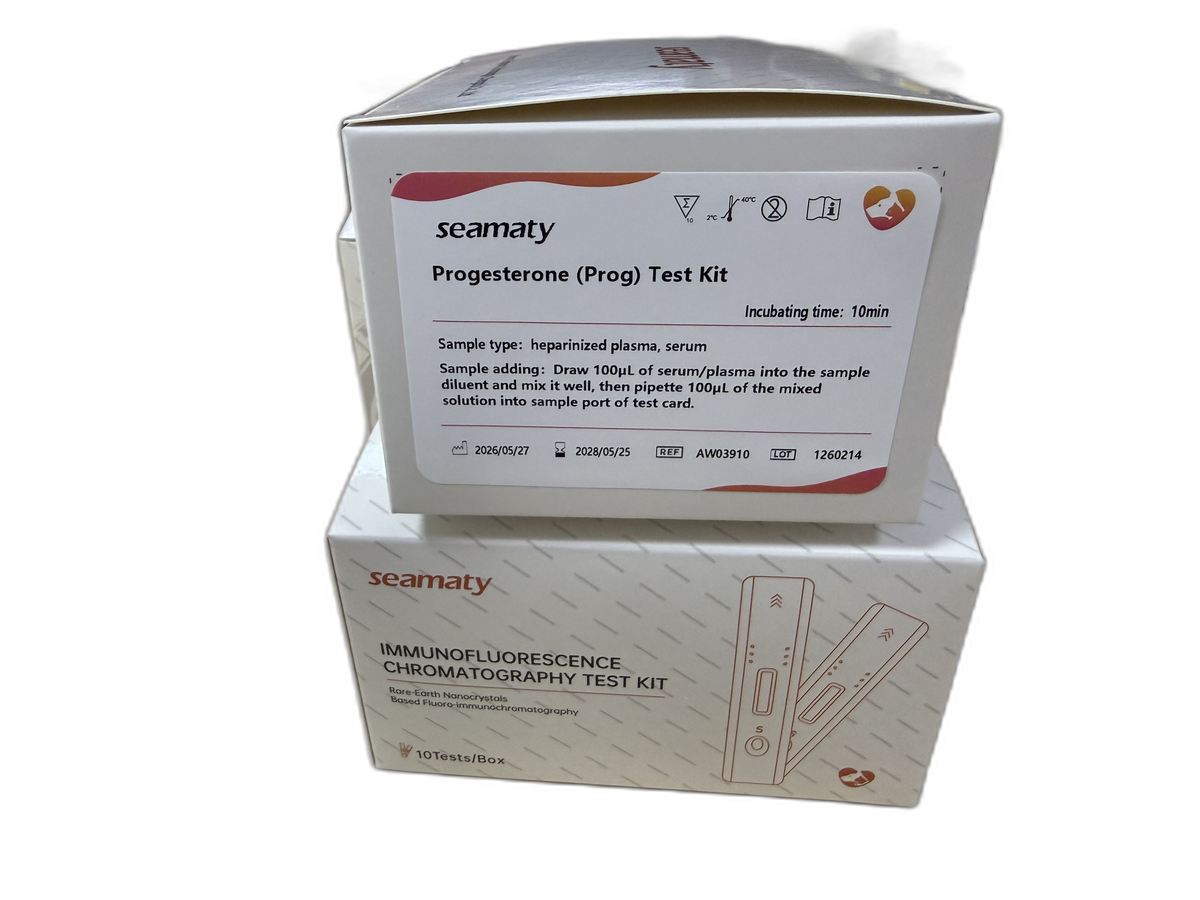 VM2 Progesterone Test (Prog) test kit box, Seamaty immunofluorescence, ClinixLynx