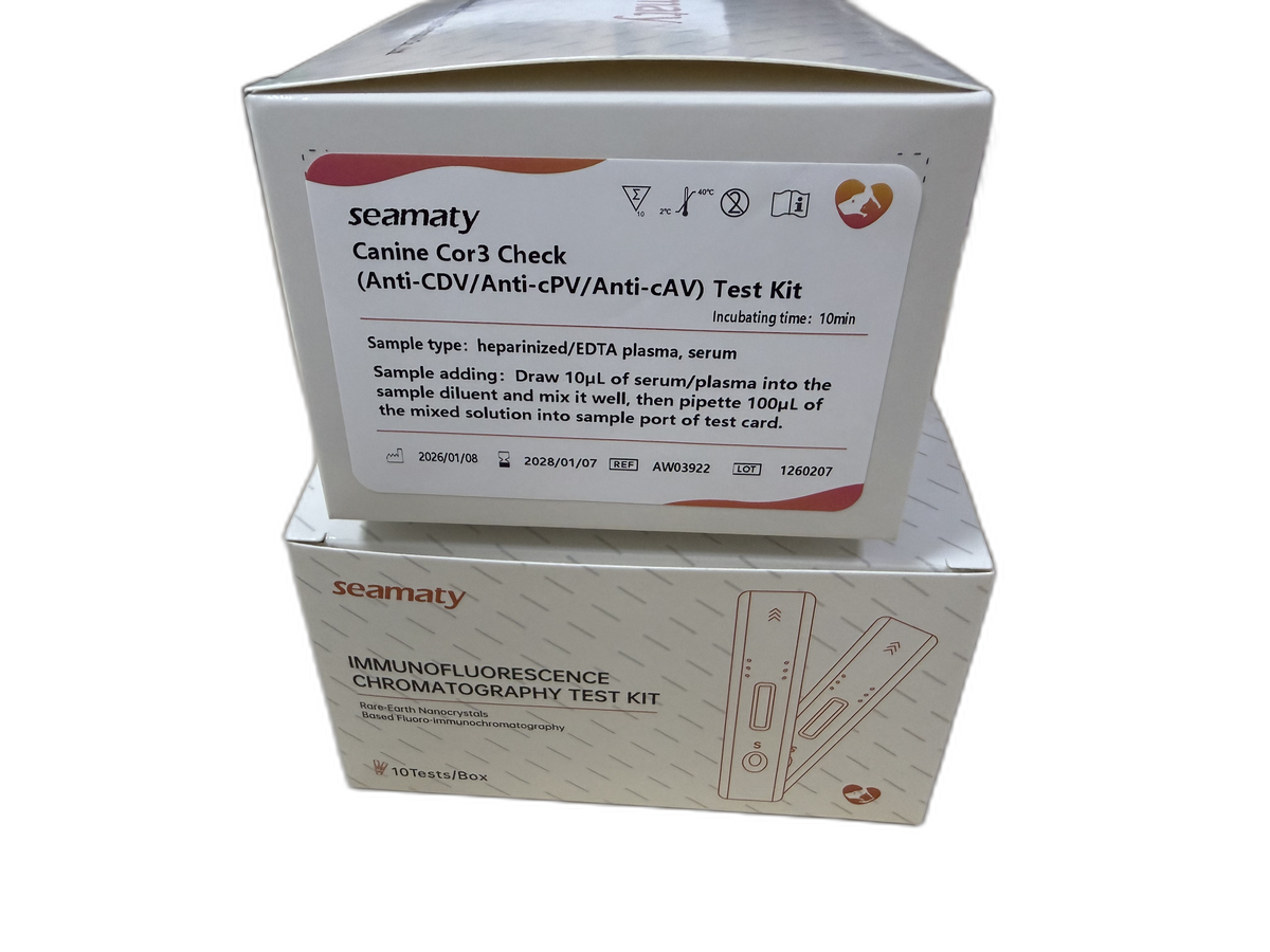 VM2 Canine Cor3 Check Test Kit (Anti-CDV/Anti-cPV/Anti-cAV) test kit box, Seamaty immunofluorescence, ClinixLynx