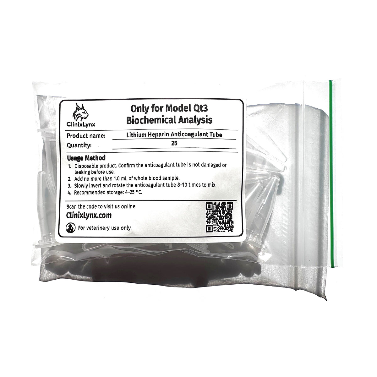 Qt3 Lithium Heparin Blood Collection Tube | Veterinary Chemistry Sample (25/PK)
