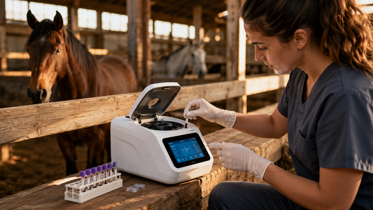 Portable chemistry analyzer beside horses in a barn