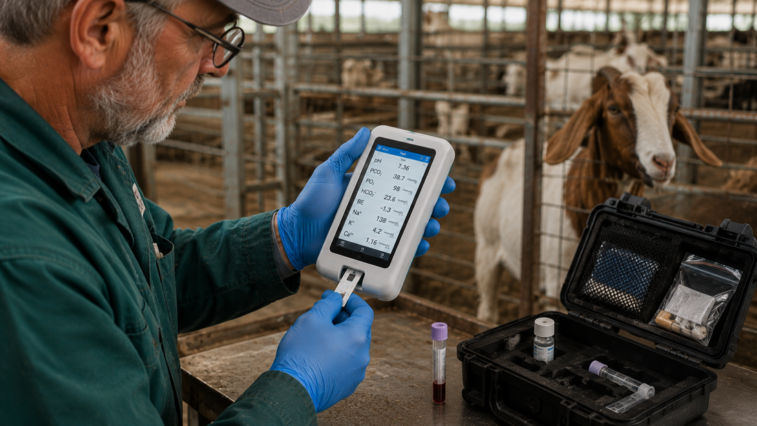 Handheld blood gas analyzer used with goats in a field setting