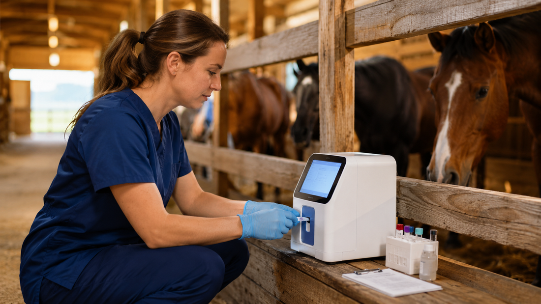 Veterinarian using a diagnostic analyzer in an equine barn