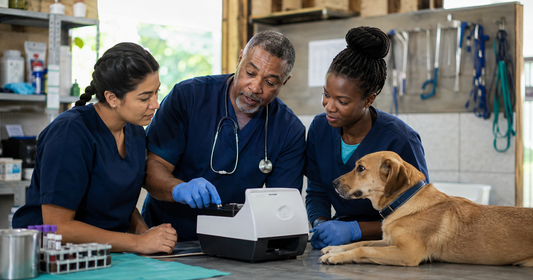 Veterinary team learning to use a point-of-care diagnostic analyzer in a community animal health clinic