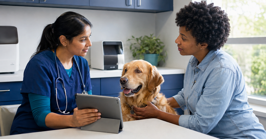 Veterinarian discussing diagnostic test results with a dog owner and golden retriever