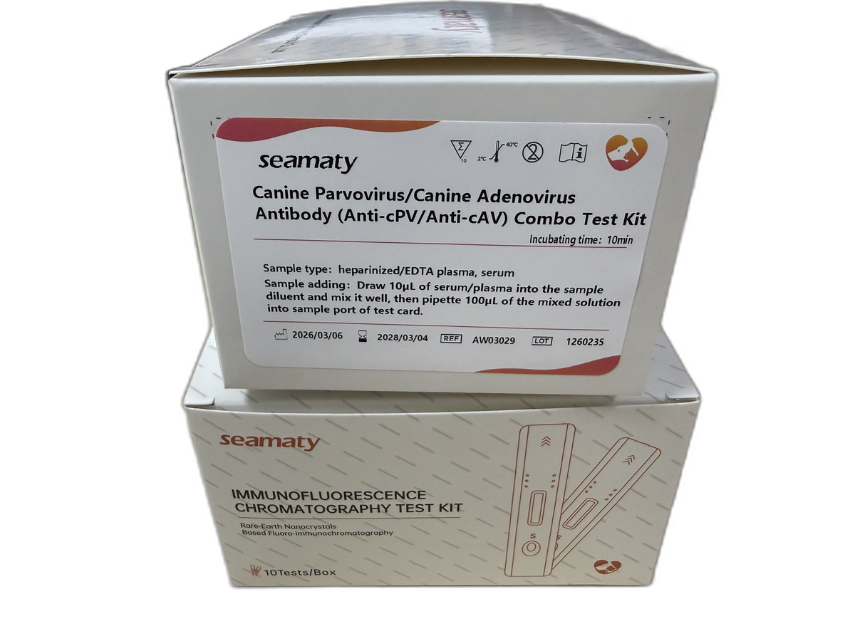 VM2 Anti-cPV/Anti-cAV Test (Canine Parvovirus/Adenovirus Antibody) test kit box, Seamaty immunofluorescence, ClinixLynx