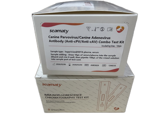 VM2 Anti-cPV/Anti-cAV Test (Canine Parvovirus/Adenovirus Antibody) test kit box, Seamaty immunofluorescence, ClinixLynx