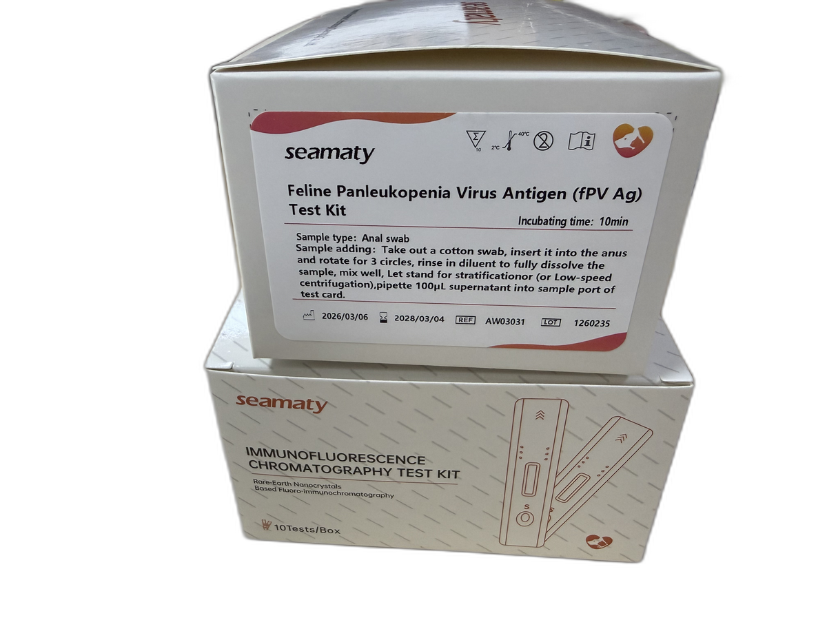VM2 FPV Ag Test (Feline Panleukopenia Virus Antigen) test kit box, Seamaty immunofluorescence, ClinixLynx