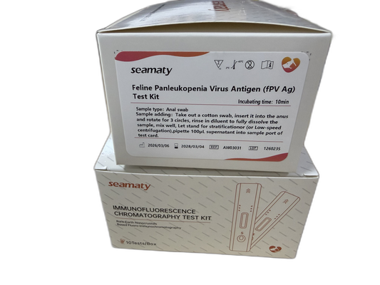 VM2 FPV Ag Test (Feline Panleukopenia Virus Antigen) test kit box, Seamaty immunofluorescence, ClinixLynx
