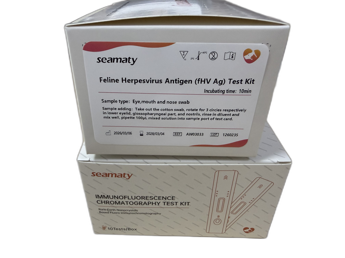 VM2 fHVAg Test (Feline Herpesvirus Antigen) test kit box, Seamaty immunofluorescence, ClinixLynx