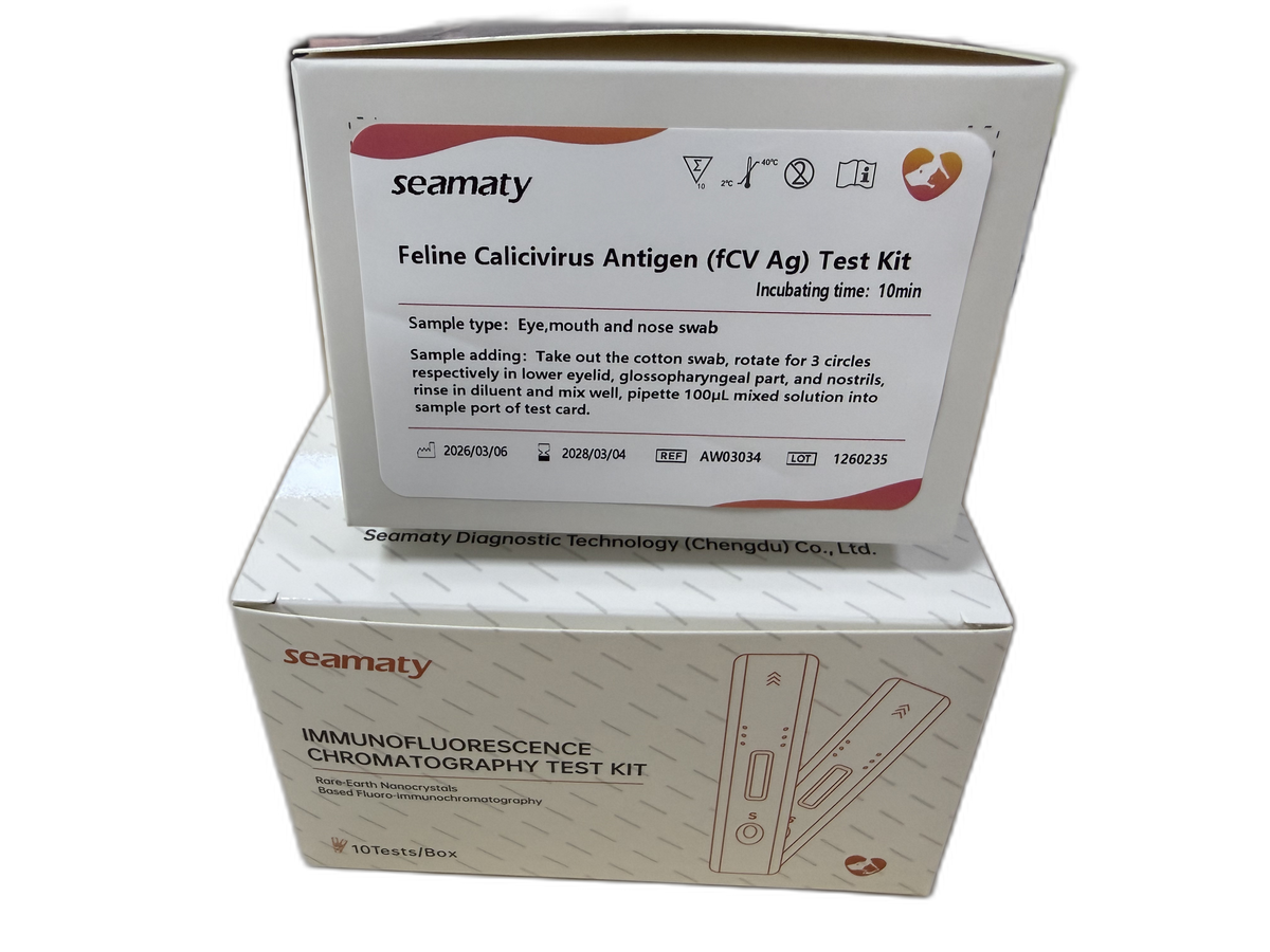 VM2 fCVAg Test (Feline Calicivirus Antigen) test kit box, Seamaty immunofluorescence, ClinixLynx