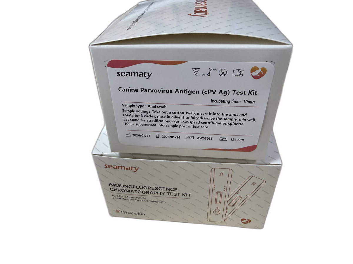 VM2 CPV Ag Test (Canine Parvovirus Antigen) test kit box, Seamaty immunofluorescence, ClinixLynx