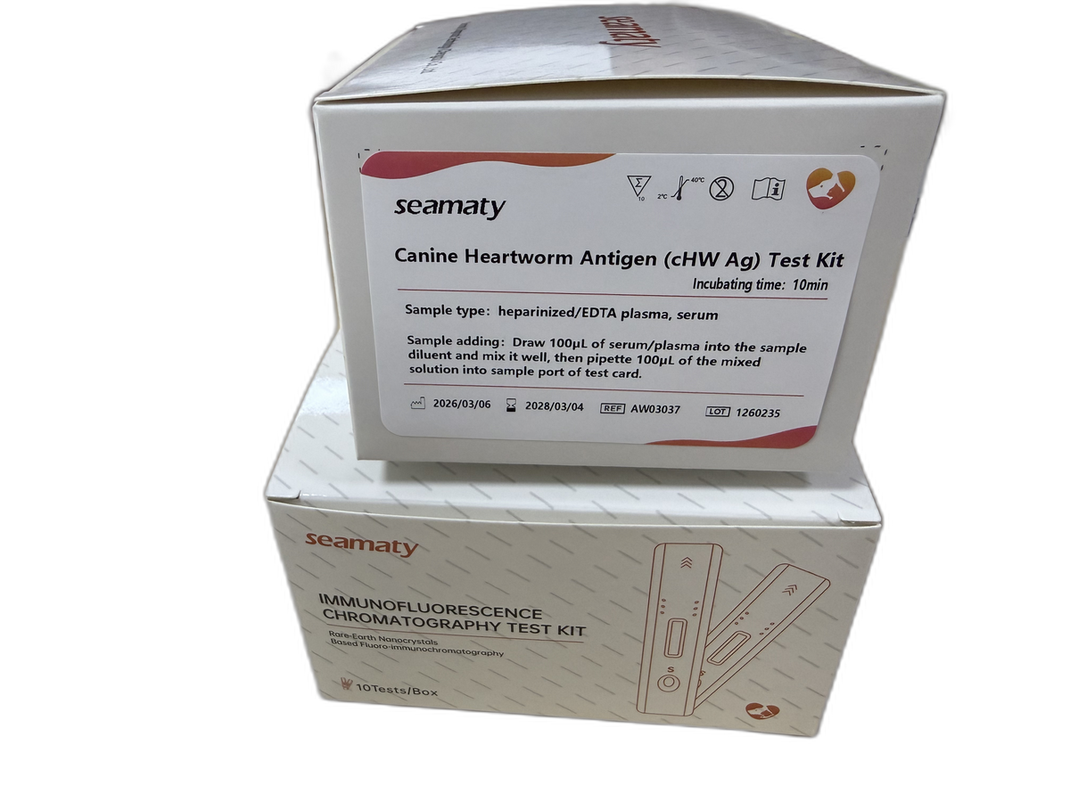 VM2 CHW Ag Test (Canine Heartworm Antigen) test kit box, Seamaty immunofluorescence, ClinixLynx