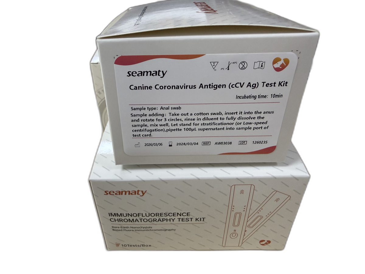 VM2 CCV Ag Test (Canine Coronavirus Antigen) test kit box, Seamaty immunofluorescence, ClinixLynx