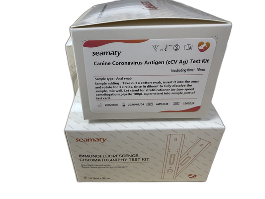 VM2 CCV Ag Test (Canine Coronavirus Antigen) test kit box, Seamaty immunofluorescence, ClinixLynx