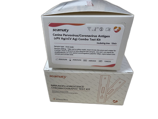 VM2 CPV/CCV Ag Test (Canine Parvovirus/Coronavirus Bivalent Antigen) test kit box, Seamaty immunofluorescence, ClinixLynx