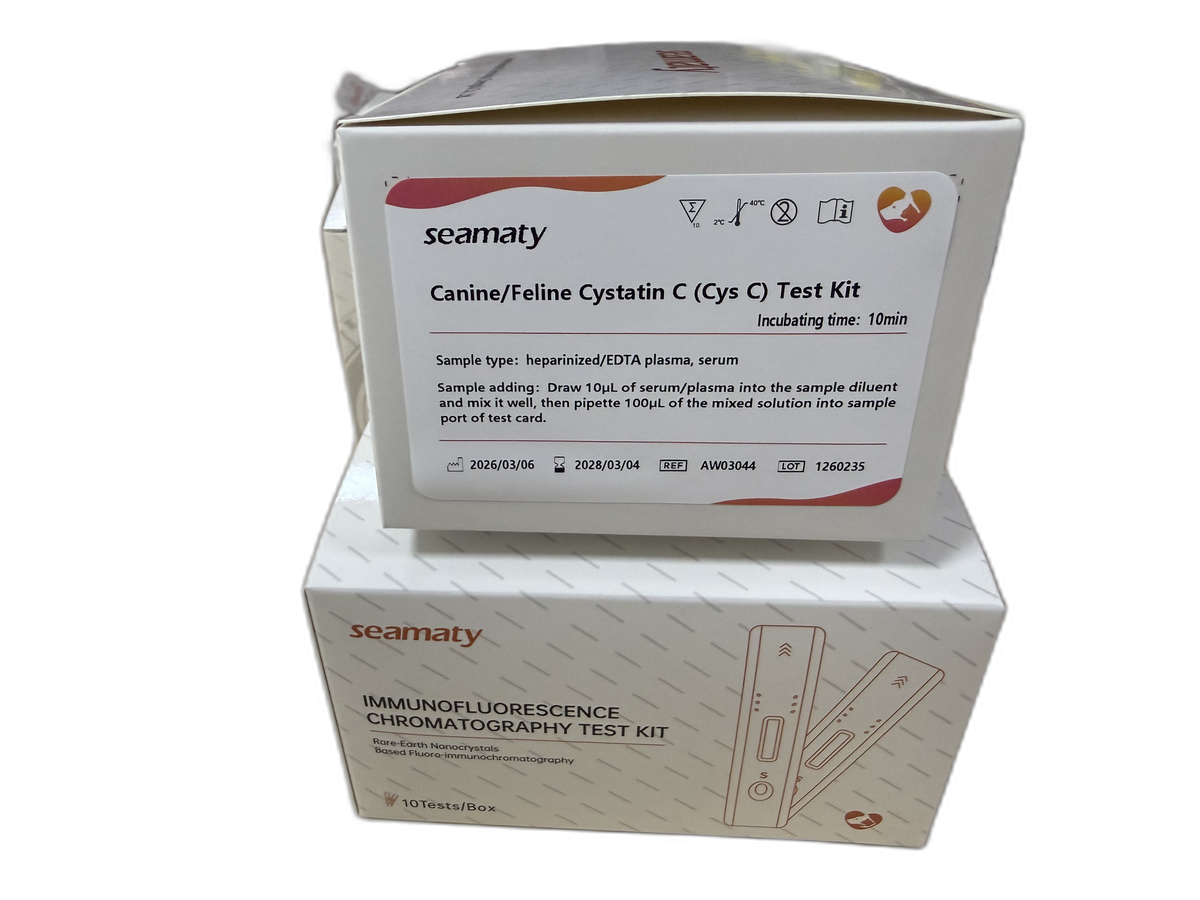 VM2 Cys C Test (Canine Cystatin) test kit box, Seamaty immunofluorescence, ClinixLynx