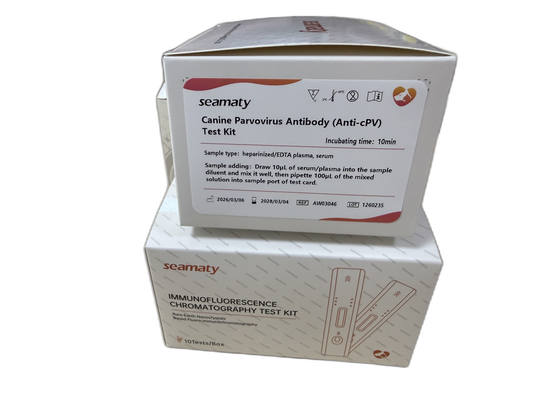 VM2 Anti-CPV Ab Test (Canine Parvovirus Antibody) test kit box, Seamaty immunofluorescence, ClinixLynx