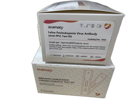 VM2 Anti-FPV Ab Test (Feline Panleukopenia Virus Antibody) test kit box, Seamaty immunofluorescence, ClinixLynx