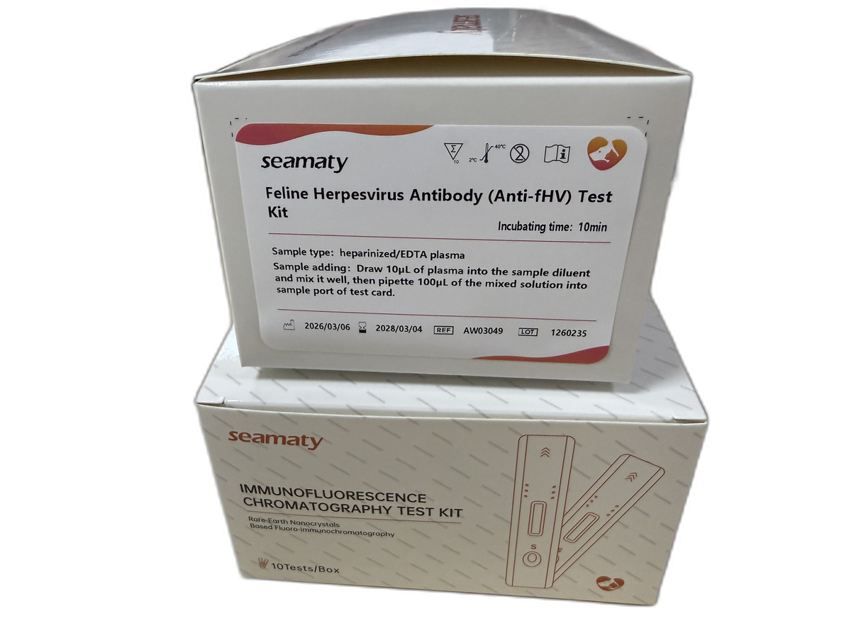 VM2 Anti-FHV Ab Test (Feline Herpesvirus Antibody) test kit box, Seamaty immunofluorescence, ClinixLynx