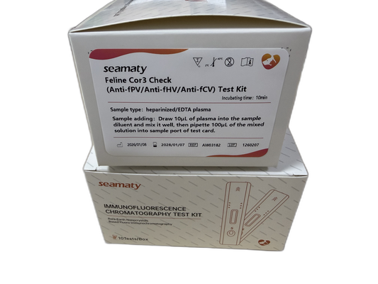 VM2 Feline Cor3 Check Test Kit (Anti-fPV/Anti-fHV/Anti-fCV) test kit box, Seamaty immunofluorescence, ClinixLynx
