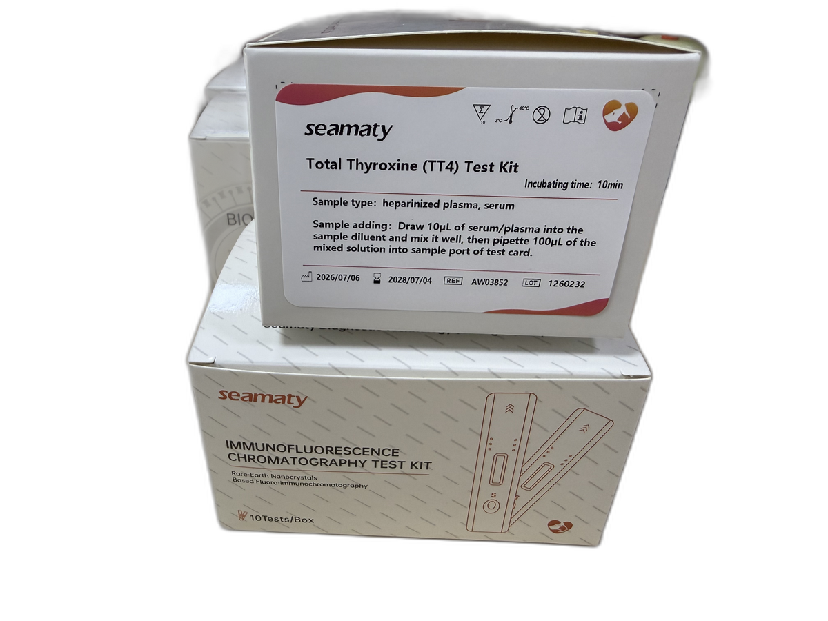 VM2 TT4 Test (Total Thyroxine) test kit box, Seamaty immunofluorescence, ClinixLynx