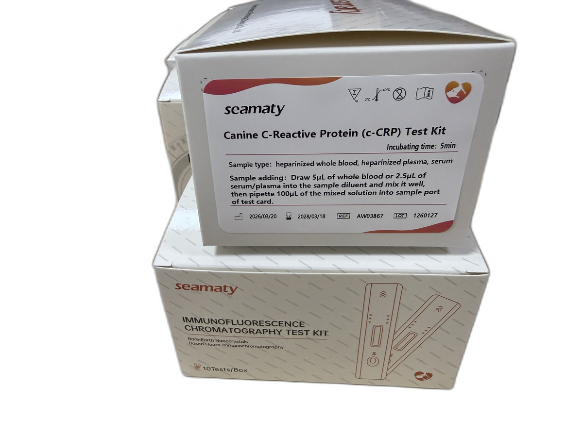 VM2 c-CRP Test (Canine C-reactive Protein) test kit box, Seamaty immunofluorescence, ClinixLynx