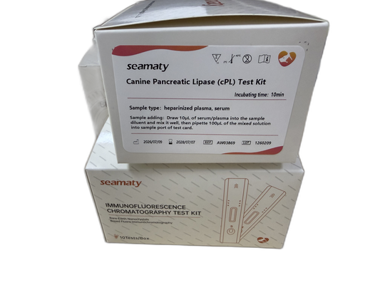 VM2 cPL Test (Canine Pancreas-specific Lipase) test kit box, Seamaty immunofluorescence, ClinixLynx