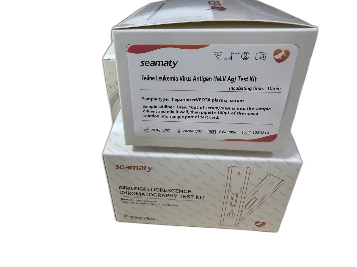 VM2 feLV Ag Test Kit (Feline Leukemia Virus Antigen) test kit box, Seamaty immunofluorescence, ClinixLynx