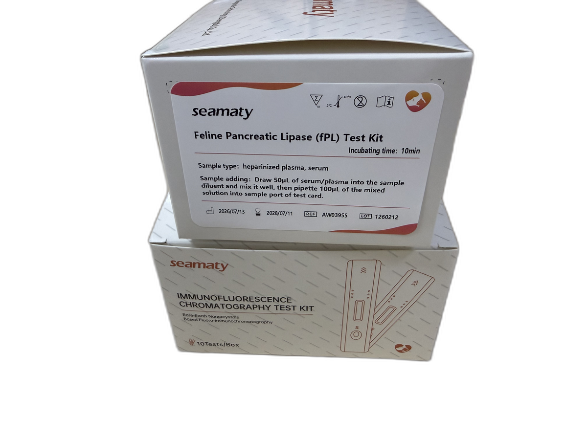 VM2 fPL Test (Feline Pancreas-specific Lipase) test kit box, Seamaty immunofluorescence, ClinixLynx