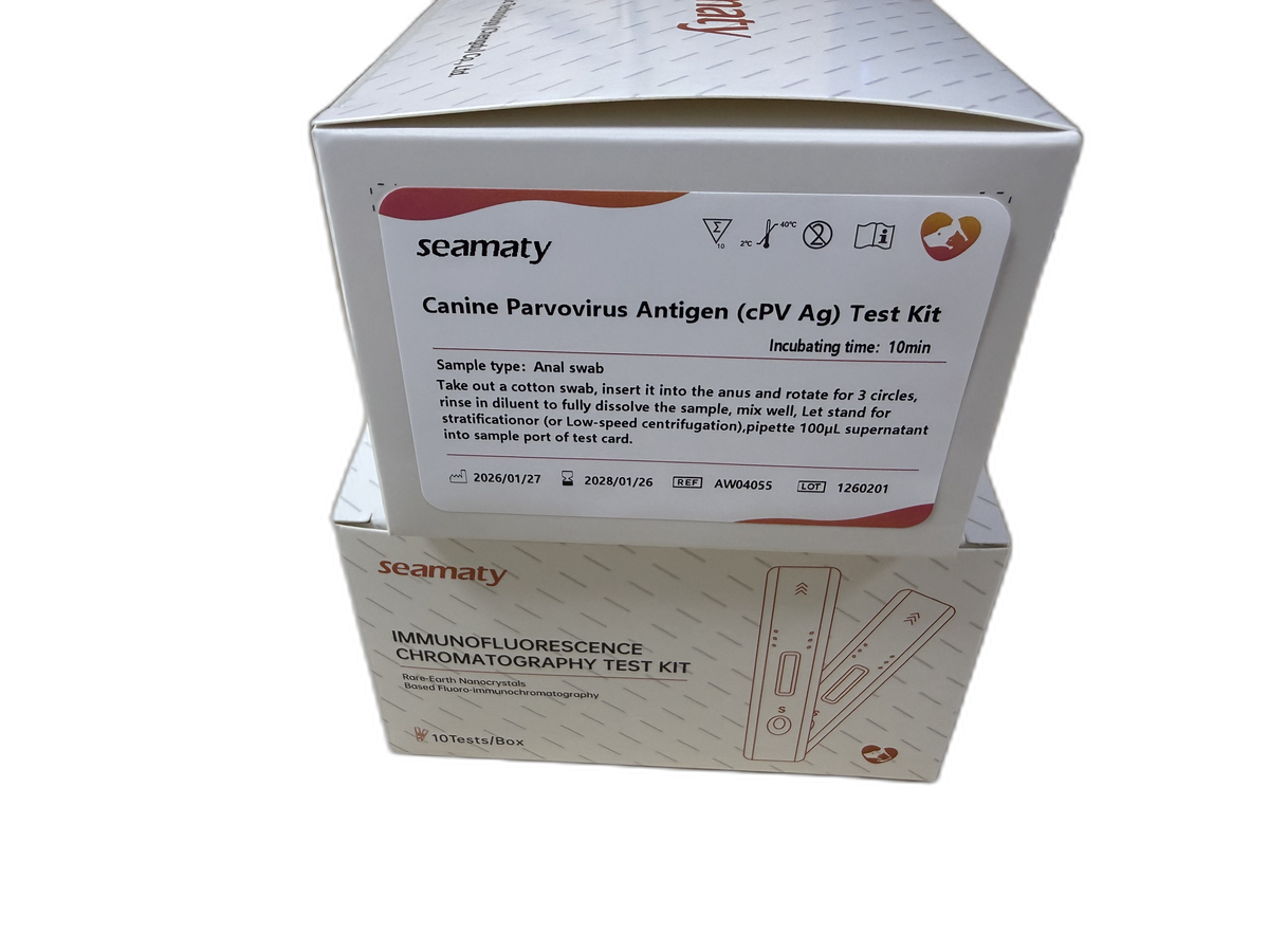 VM2 CPV Ag Test (Canine Parvovirus Antigen) box REF AW04055, Seamaty immunofluorescence, ClinixLynx
