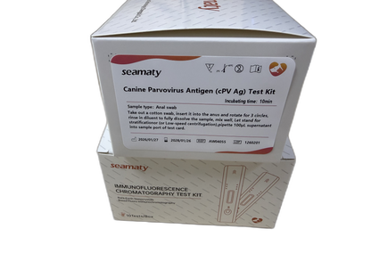 VM2 CPV Ag Test (Canine Parvovirus Antigen) box REF AW04055, Seamaty immunofluorescence, ClinixLynx