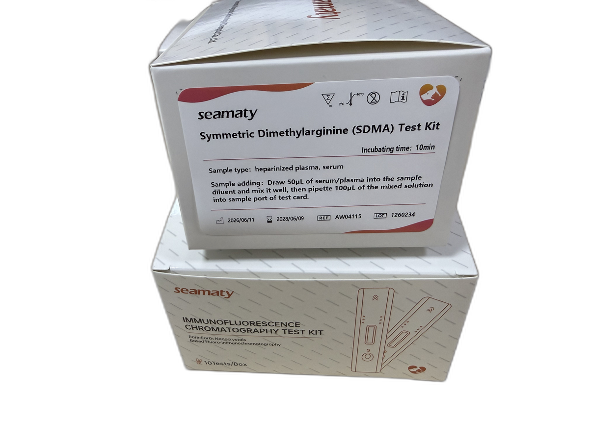 VM2 SDMA Test (Symmetric Dimethylarginine) test kit box, Seamaty immunofluorescence, ClinixLynx