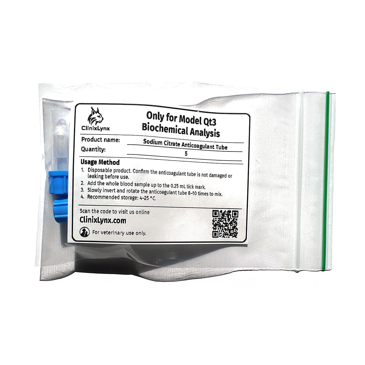 Qt3 Sodium Citrate Blood Collection Tube | Veterinary Coagulation Sample (5/PK)