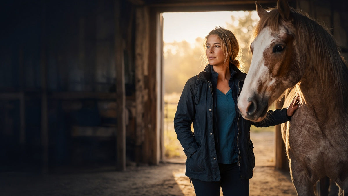 Veterinarian with a horse in a barn doorway at golden hour