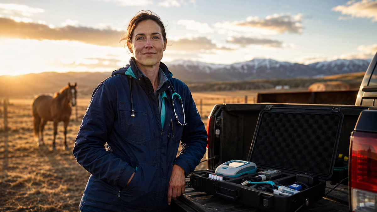Independent veterinarian at golden hour beside a truck with mobile diagnostics and a horse