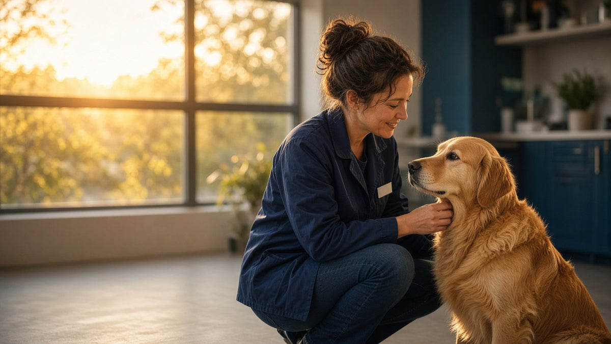 Veterinarian in warm window light connecting with a golden retriever