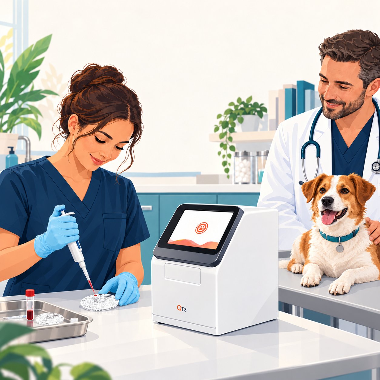 Veterinary team loading a QT3 rotor with a pipette while a dog is examined