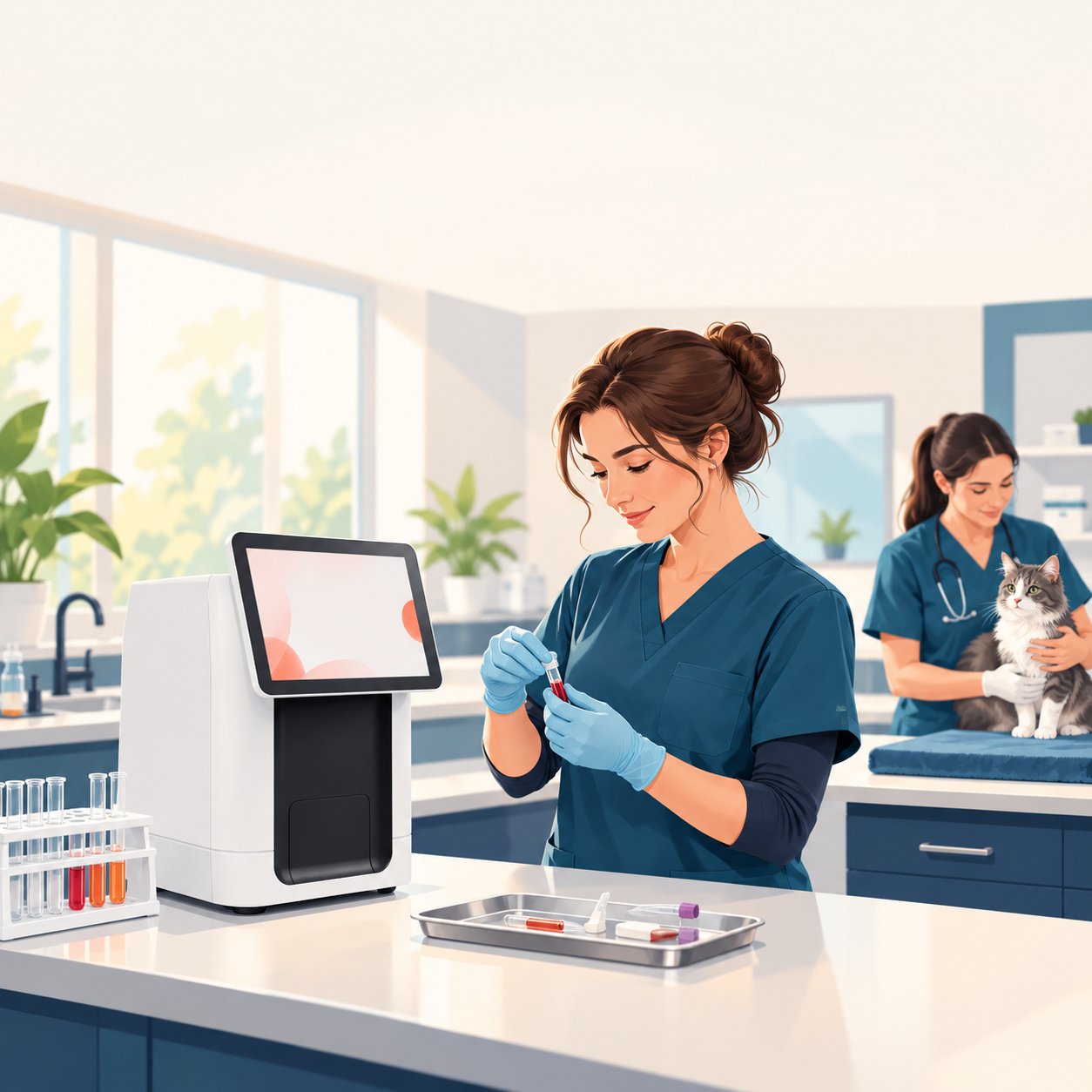 Veterinary team with a cat beside a VM2 hematology analyzer